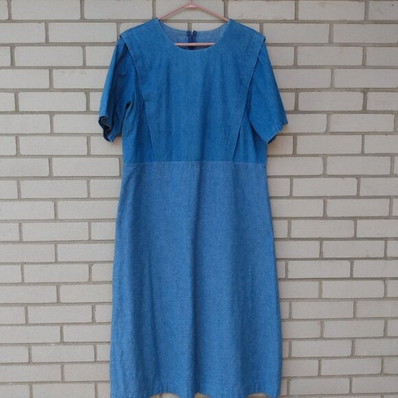 Amish Mennonite Cape Dress Plus 46"B 40"W Handmade Modest Blue Denim Prairie - Picture 1 of 8
